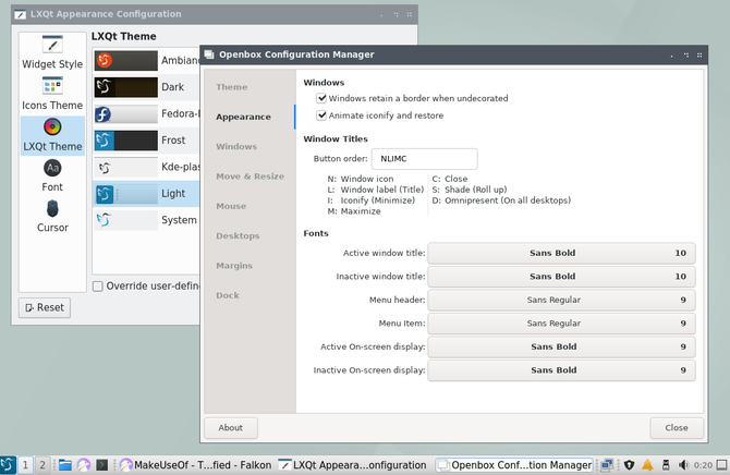 Configurações de personalização do LXQt