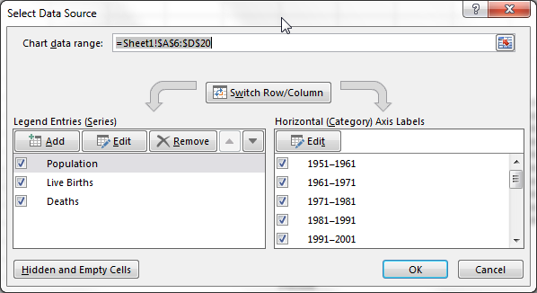 Nome do intervalo de dados do Excel Série de dados