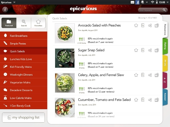 Epicurious: um aplicativo gratuito de receita e lista de compras [iOS, WebOS, Android e mais] quicksalads para tablets