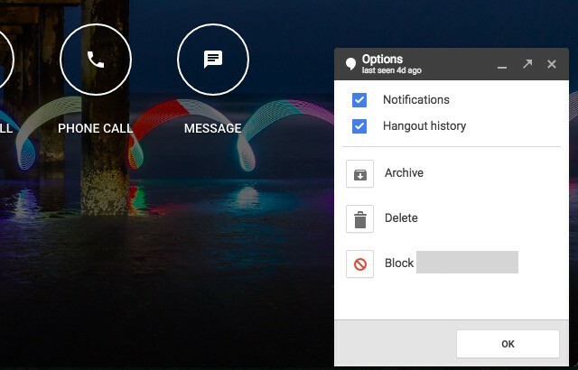 histórico de desativação de hangouts