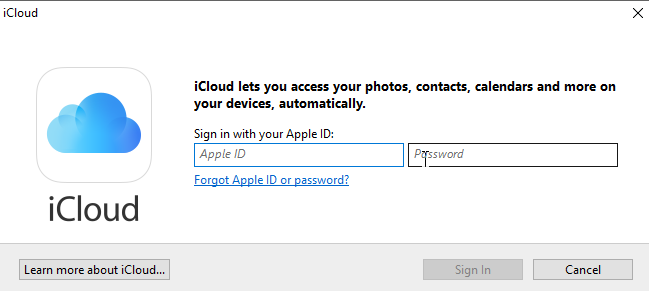 Captura de tela de login do painel de controle do iCloud