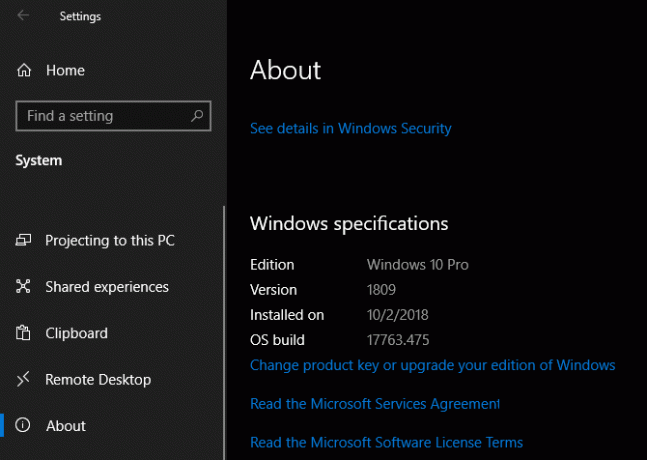 Configurações de especificação do Windows 10