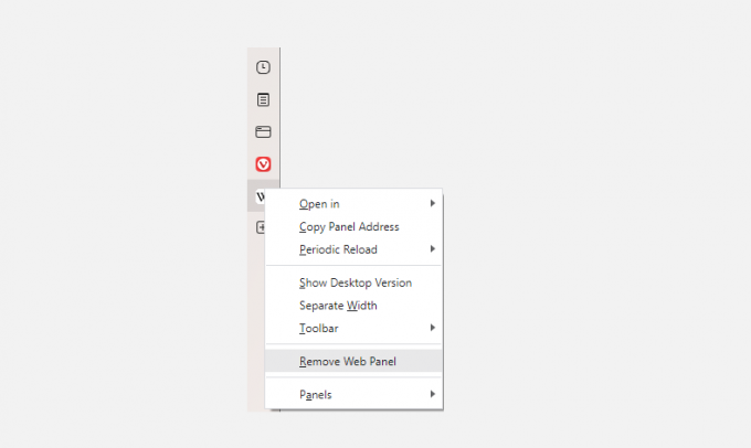 Captura de tela mostrando como remover painéis da web no vivaldi
