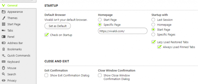 Captura de tela da guia geral da página de configurações do Vivaldi