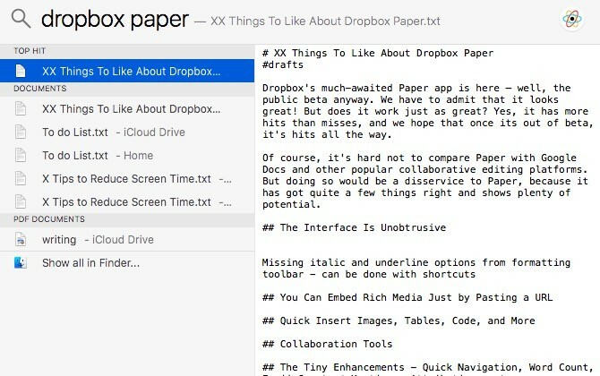 Exemplo de conteúdo do Dropbox Search Dropbox