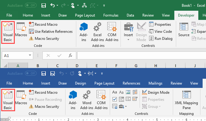 Visual Basic na guia Desenvolvedor no Microsoft Excel e Microsoft Word