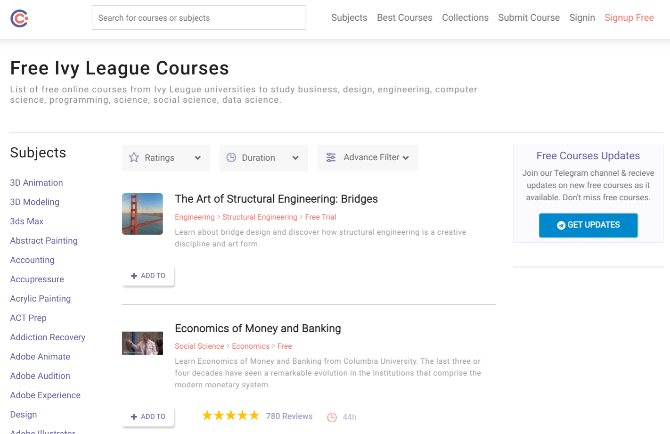Página inicial de cursos com um diretório de cursos online