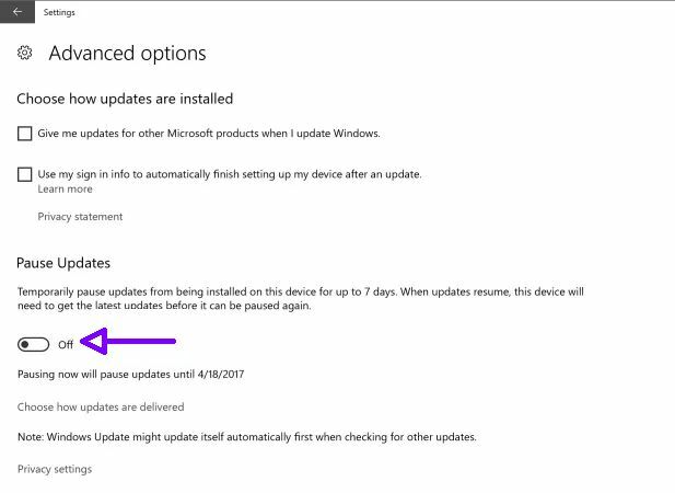 Atualização dos criadores do Windows 10 apresenta o botão Nova atualização de pausa Atualização dos criadores do Windows 10