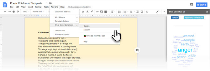 Complemento do Word Cloud para Google Docs