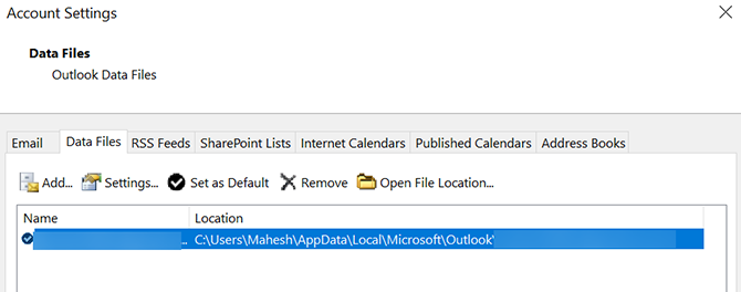 abrir localização do arquivo de dados do Outlook