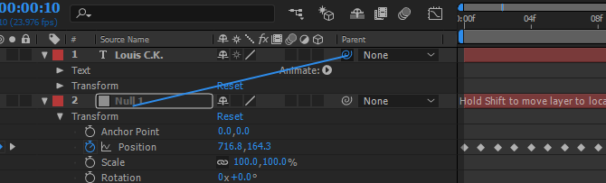 Como mover o texto da trilha no pai nulo do Adobe After Effects