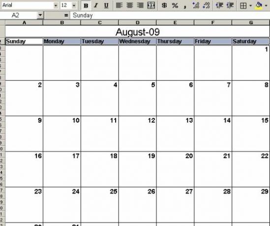 calendário do excel