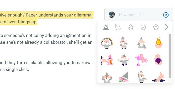 Comentários e adesivos do Dropbox Paper