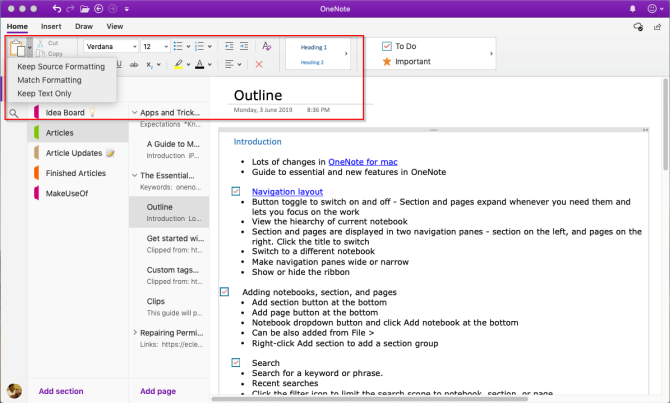 ferramentas de formatação no OneNote Mac