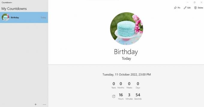 Interface do aplicativo Countdown+ mostrando a contagem regressiva do aniversário