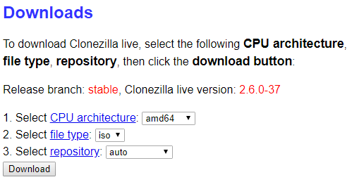 página de download do clonezilla
