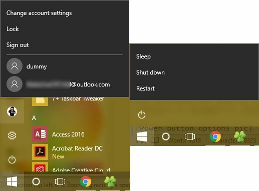 Opções de energia do menu Iniciar do Windows 10