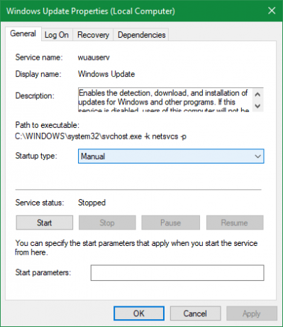 Propriedades do serviço Windows Update