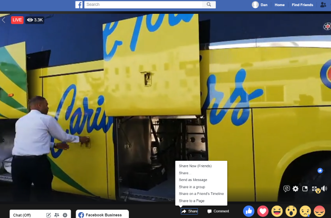 menu de compartilhamento ao vivo do facebook