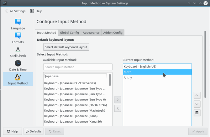 método de entrada de configuração regional do kde