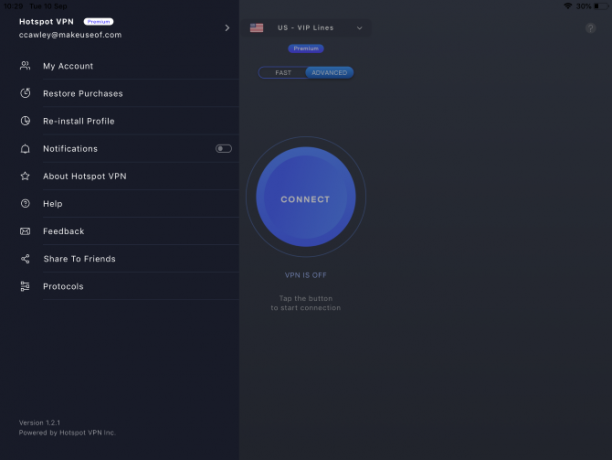 O aplicativo Hotspot VPN para iPad