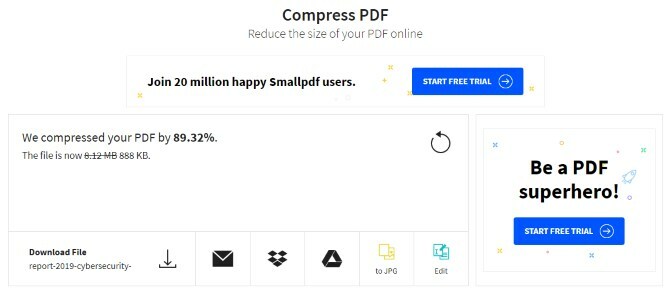 Os resultados de uma compactação de arquivos com o Compress PDF