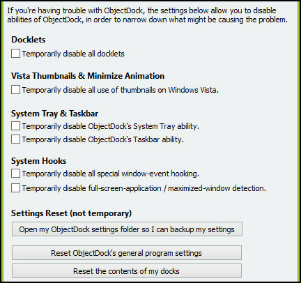 ObjectDock: personalize rapidamente sua área de trabalho e aumente sua funcionalidade [Windows] Opções de solução de problemas de configurações do ObjectDock