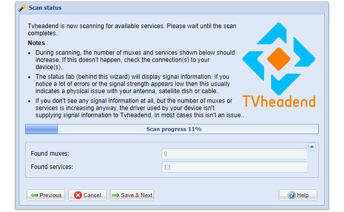 Digitalização do canal de configuração da Web Tvheadend