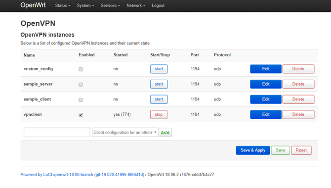 Painel OpenWRT LuCI Menu OpenVPN