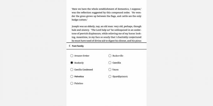 Captura de tela do menu Amazon Kindle Font Family