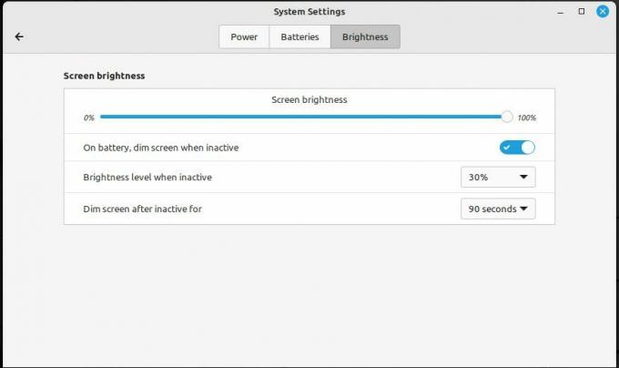 Captura de tela das configurações de brilho da tela do Linux