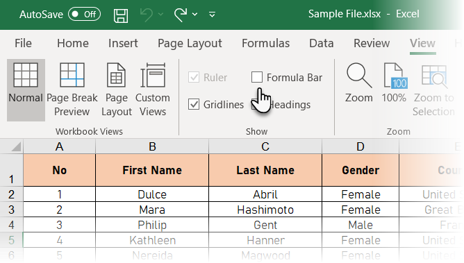 Ocultar a barra de fórmulas usando a guia Exibir no Excel