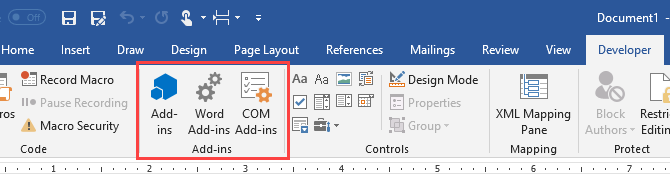 Seção de suplementos na guia Desenvolvedor no Microsoft Word