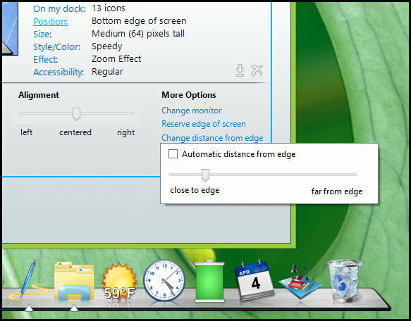 ObjectDock: personalize rapidamente sua área de trabalho e aumente sua funcionalidade [Windows] ObjectDock Clique com o botão direito do mouse em Posição Mais opções distance from edge