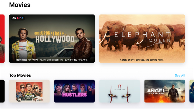 Aplicativo Apple TV mostrando os filmes mais recentes