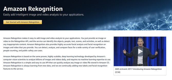 Captura de tela do site de marketing do Amazon Rekognition 