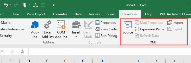 Seção XML na guia Desenvolvedor no Microsoft Excel