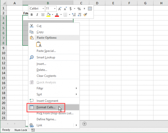 Selecione Formatar células no menu de contexto no Excel