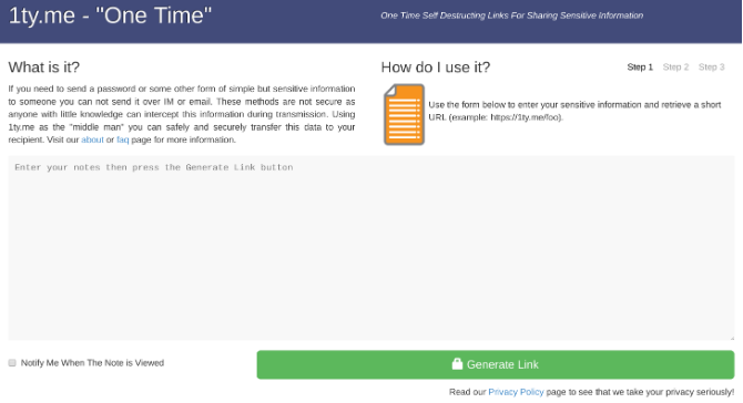 1ty.me é um aplicativo seguro para enviar notas e senhas de leitura únicas