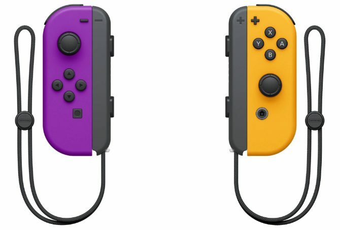 Joy-Cons roxos e alaranjados da Nintendo