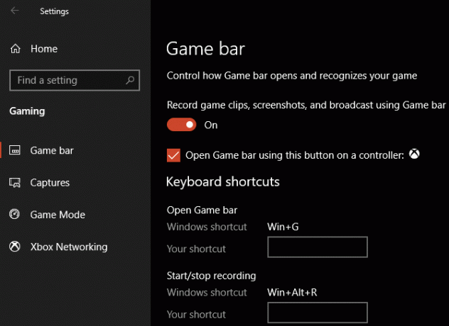 Configurações da barra de jogos do Windows 10