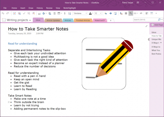 descrevendo no OneNote 2016