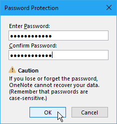 Caixa de diálogo Proteção de Senha no OneNote 2016