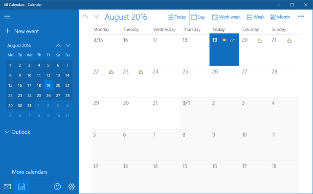 Aplicativo de calendário do Windows 10