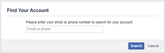 Encontre sua conta do Facebook usando um endereço de e-mail ou número de telefone.