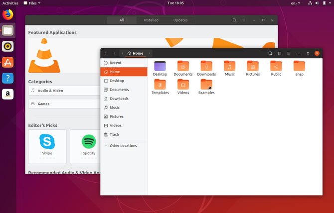 Área de trabalho Ubuntu 18.10 com novo tema