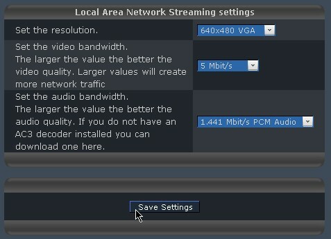 Configurações de streaming da rede local