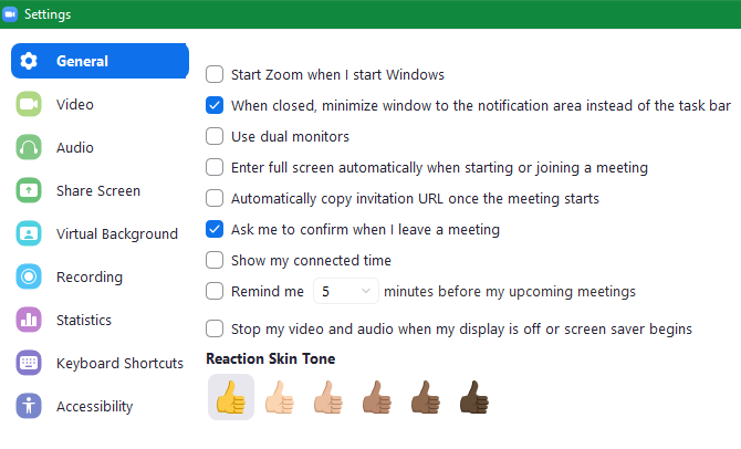 Painel de configurações de zoom