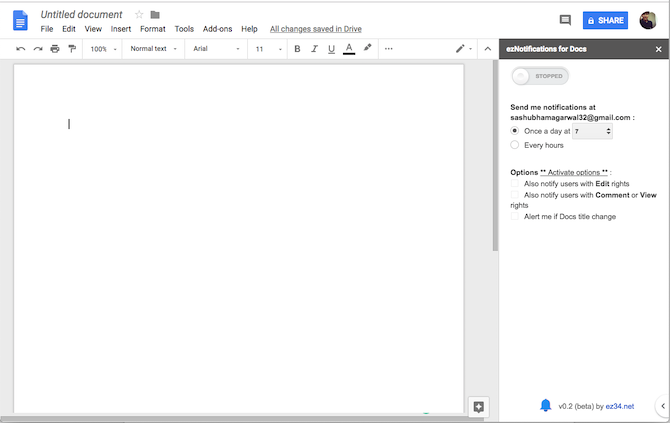 Complemento ezNotifications do Google Docs