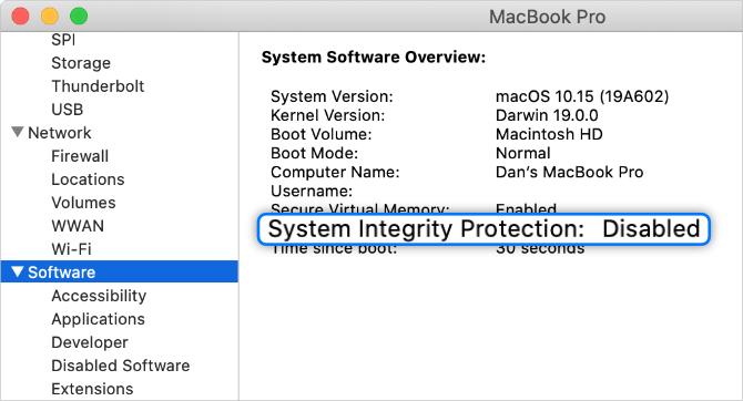 Proteção de integridade do sistema desativada no relatório do sistema Mac